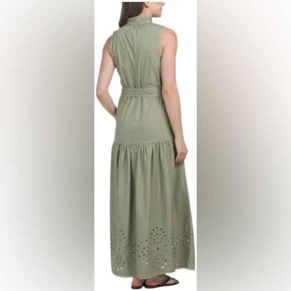 AVEC LES FILLES Eyelet Embroidery Sleeveless Maxi Dress Olive Green Size Small - Picture 2 of 12